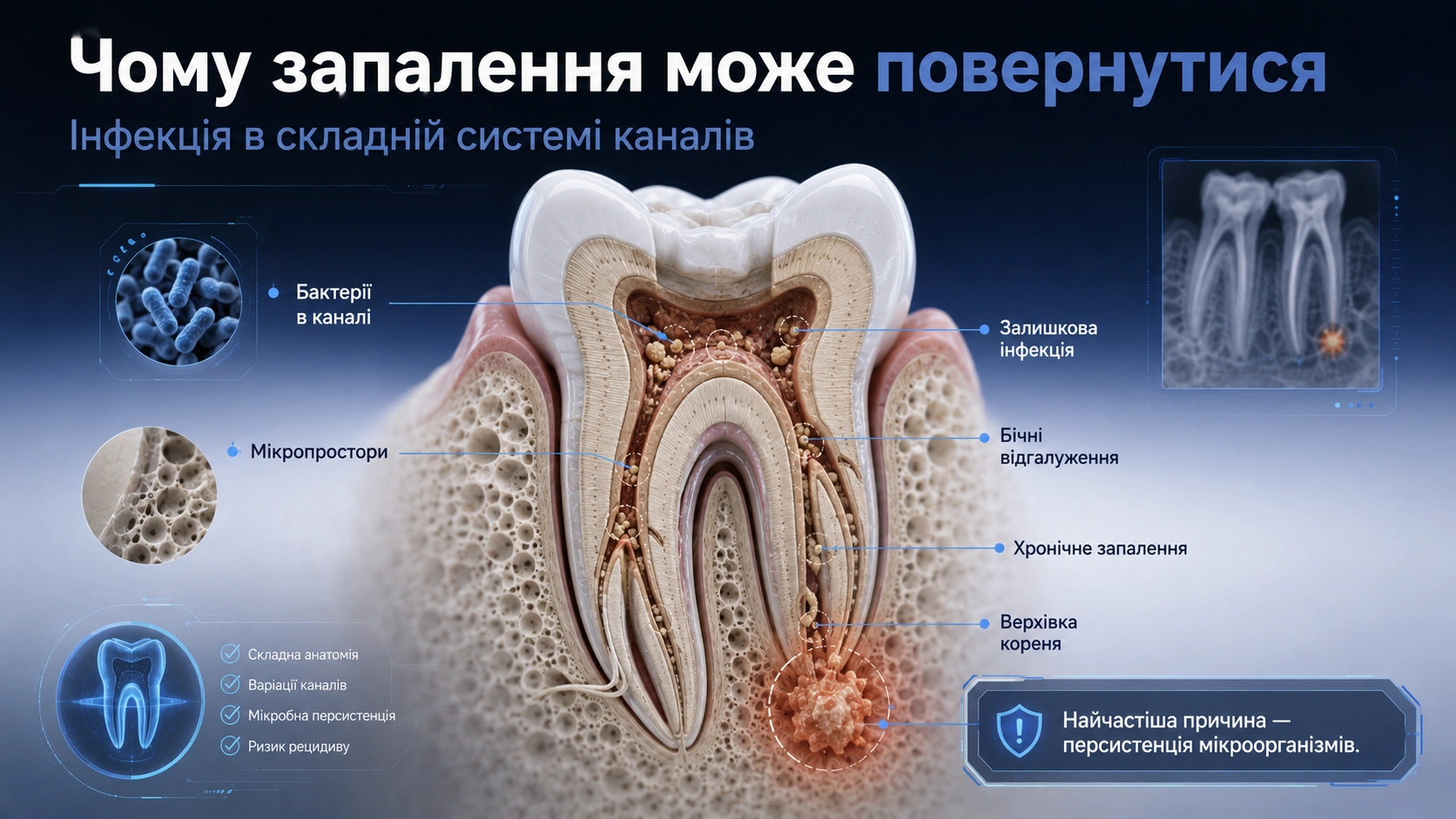 Залишкова інфекція біля кореня зуба після попереднього лікування каналів